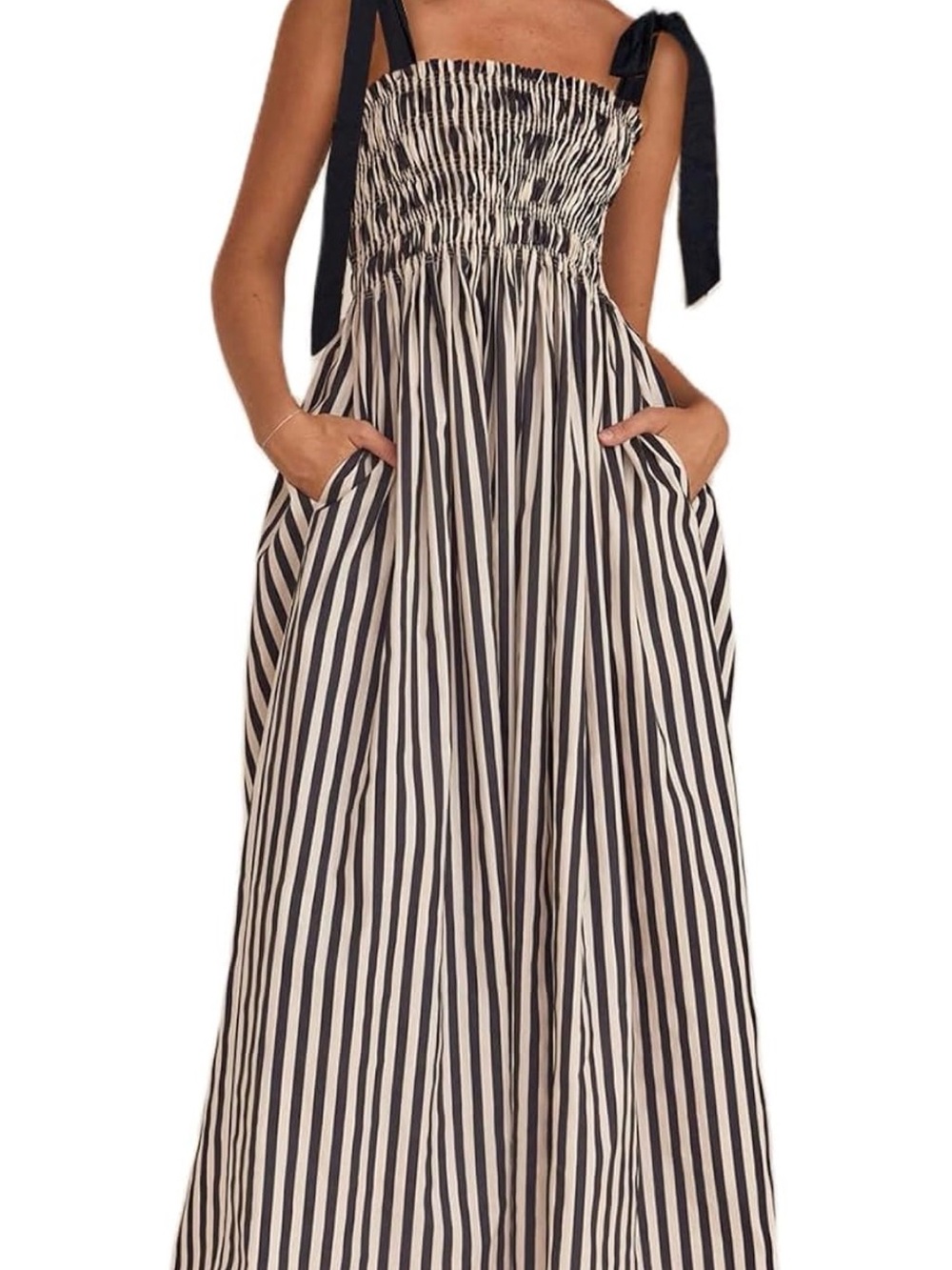 Striped Smocked Maxi Dress with Tie Straps - Black & White